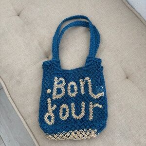THE JACKSONS LONDON 100% JUTE BAG ' BON JOUR' in NATURAL INDIGO BLUE
